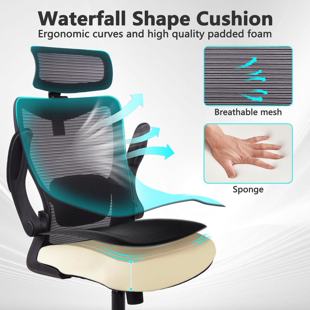 Heavy Duty Ergonomic Mesh Office Chair 400LBS, Big and Tall Desk Chair with Adjustable Lumbar Support & Headrest, Flip Up Padded Arms, Swivel Computer Chair for Home, Study, Conference, Black