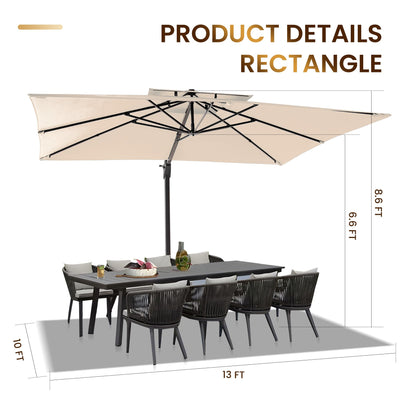 10 X 13 FT Cantilever Patio Umbrella Outdoor Heavy Duty Double Top Windproof Rectangle Offset Umbrellas with 360-degree Rotation for Pool Deck Backyard, Beige