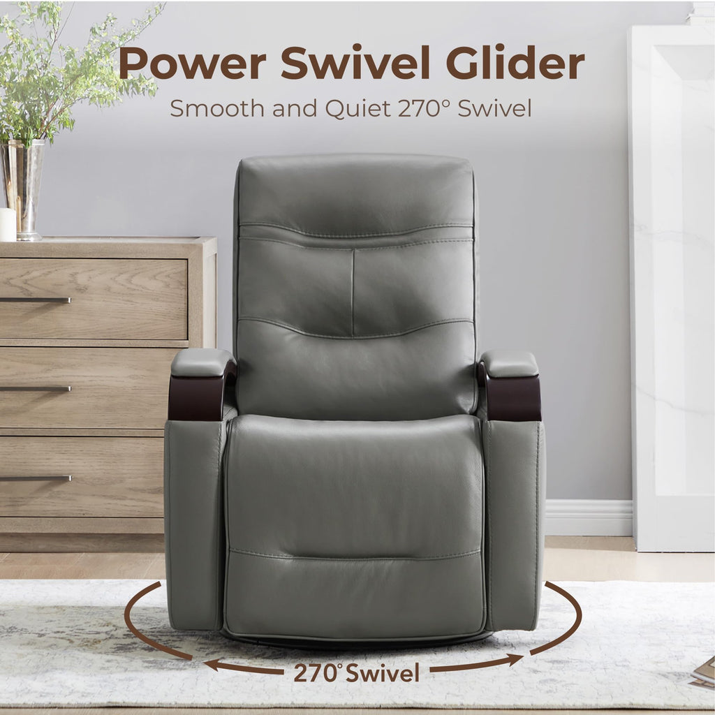 Genuine Leather Power Swivel Glider Rocker Recliner, FSC Certified Mid Century Modern Recliner Chair for Adults, Adjustable Power Headrest, for Nursery and Living Room, Haze