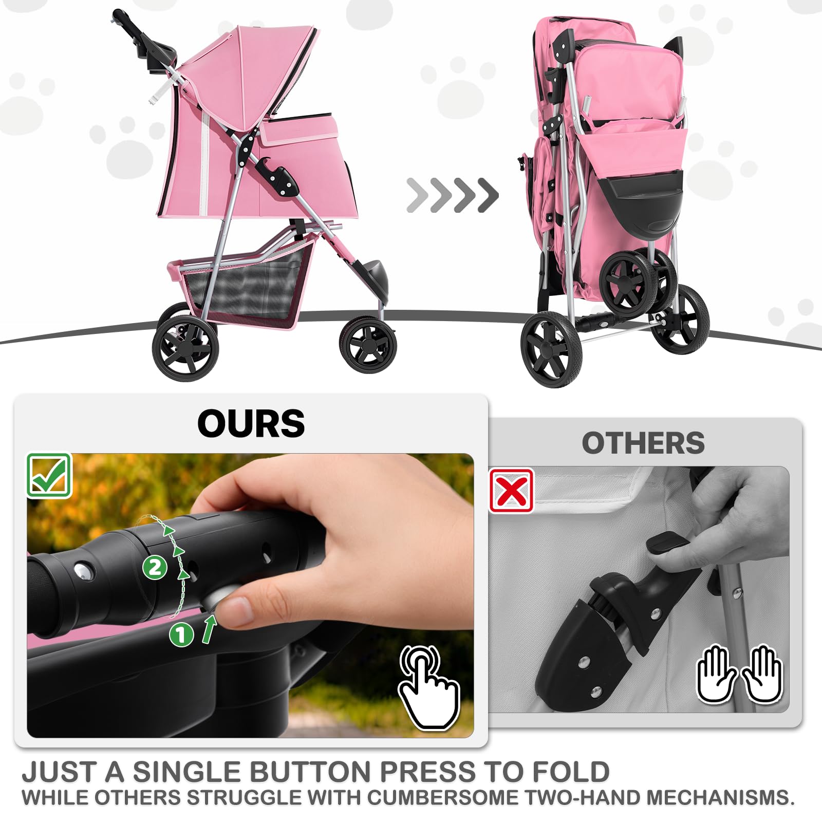 3-Wheels Foldable Pet Stroller with Waterproof Cover, Pet Strolling Cart for Small/Medium Dogs and Cats with Storage Basket and Cup Holder, Breathable and Visible Mesh for All-Season, Pink