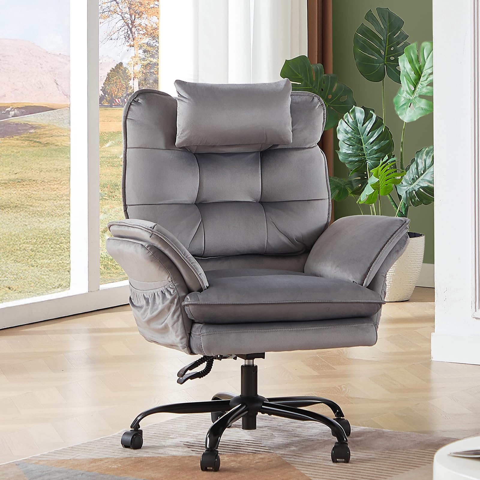 Criss Cross Chair with Flip-Up Armrests and Headrest, 135° Reclining Swivel Executive Chair with Side Pockets, Big and Tall Computer Desk Chair for Home Office Bedroom, Grey Velvet