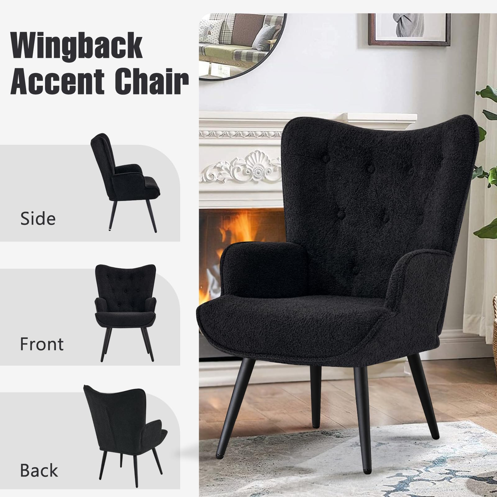 Boucle Accent Chair for Living Room, Upholstered Reading Chair with High Backrest, Tufted-Button Wingback Armchair for Bedroom, Dressing Room, Home Office, Black, Set of 2