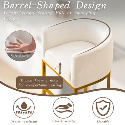 Modern Counter Height Bar Stools,Bar Stools Set of 4,Velvet Fabric Upholstered Barrel Barstools with Backs,26'' Kitchen Island Chairs,Metal Gold Frames,Beige White Velvet