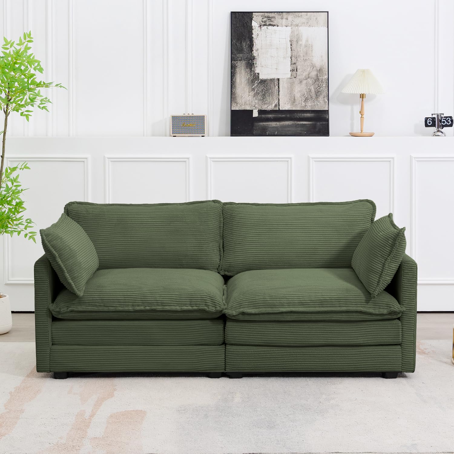 Sectional 2 Seat Cloud Loveseat with 2 Throw Pillows, Modern Corduroy Love Seat Sleeper Bed, Convertible Cozy Sofa for Living Room and Office, Green
