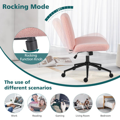 Criss Cross Chair with Wheels Wide Cross Legged Office Desk Vanity Chair Comfy Fabric Armless Adjustable Swivel for Home Computer Task Teddy Pink