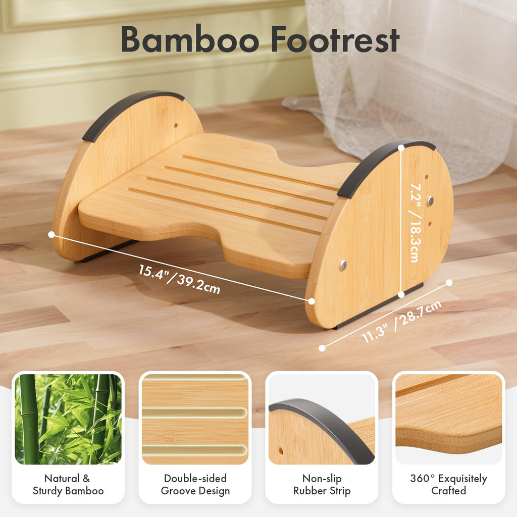 Bamboo Foot Rest for Under Desk at Work, 2-in-1 Reversible Rocking Footrest Adjustable Foot Stool, Ergonomic Footrest for Under Gaming Desk, Feet Support Leg Footstools for Home Office