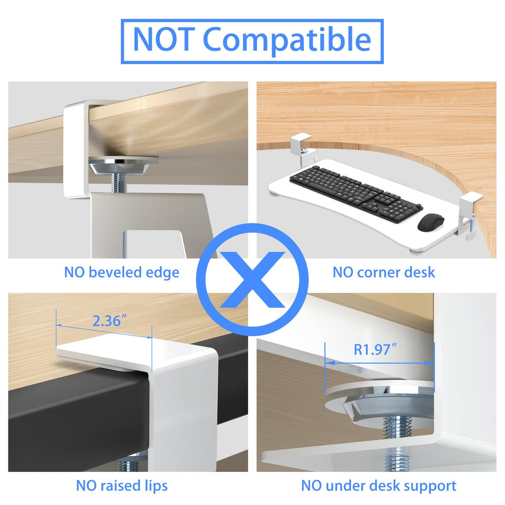 Keyboard Tray Under Desk Pull Out with C Clamp Mount, Computer Keyboard & Mouse Tray, 25.6 (30 Including Clamps) x 11.8 inch Slide-Out Platform Computer Drawer for Typing, White, DSF1W