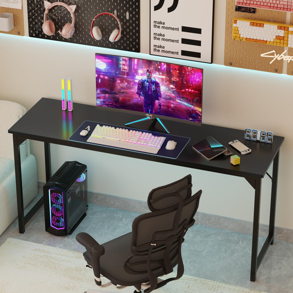 Small Computer Office Desk 63 Inch Student Study Writing Work with Metal Frame Wood Tabletop Modern Simple Home Bedroom PC Table Durable and Easy Assembly, Black