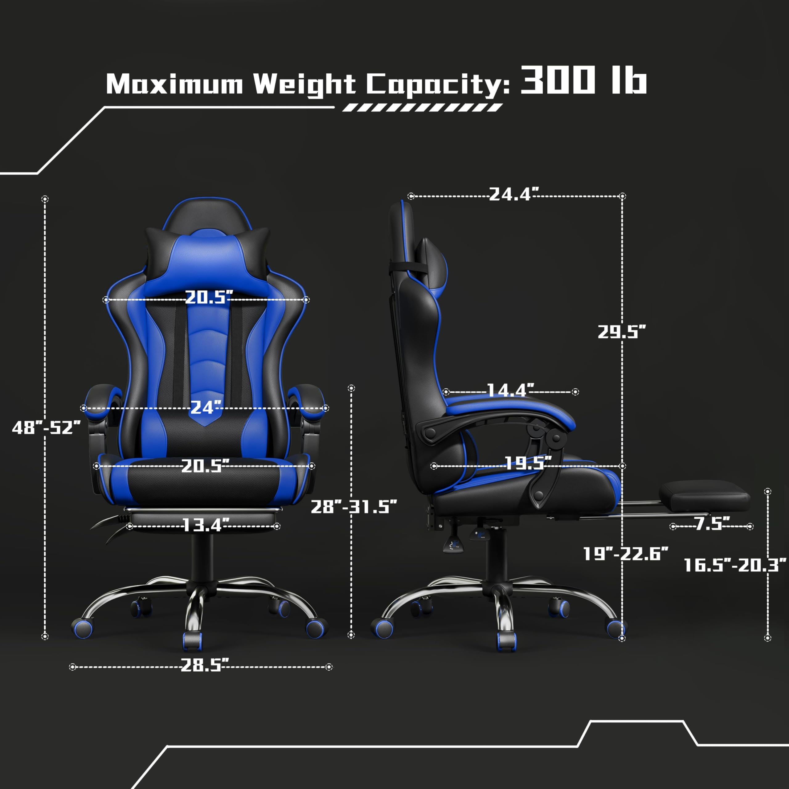 Gaming Chair, Video Game Chair with Massage Lumbar Support and Footrest Height Adjustable Ergonomic Computer Chair with Swivel Seat and Headrest Black/Blue
