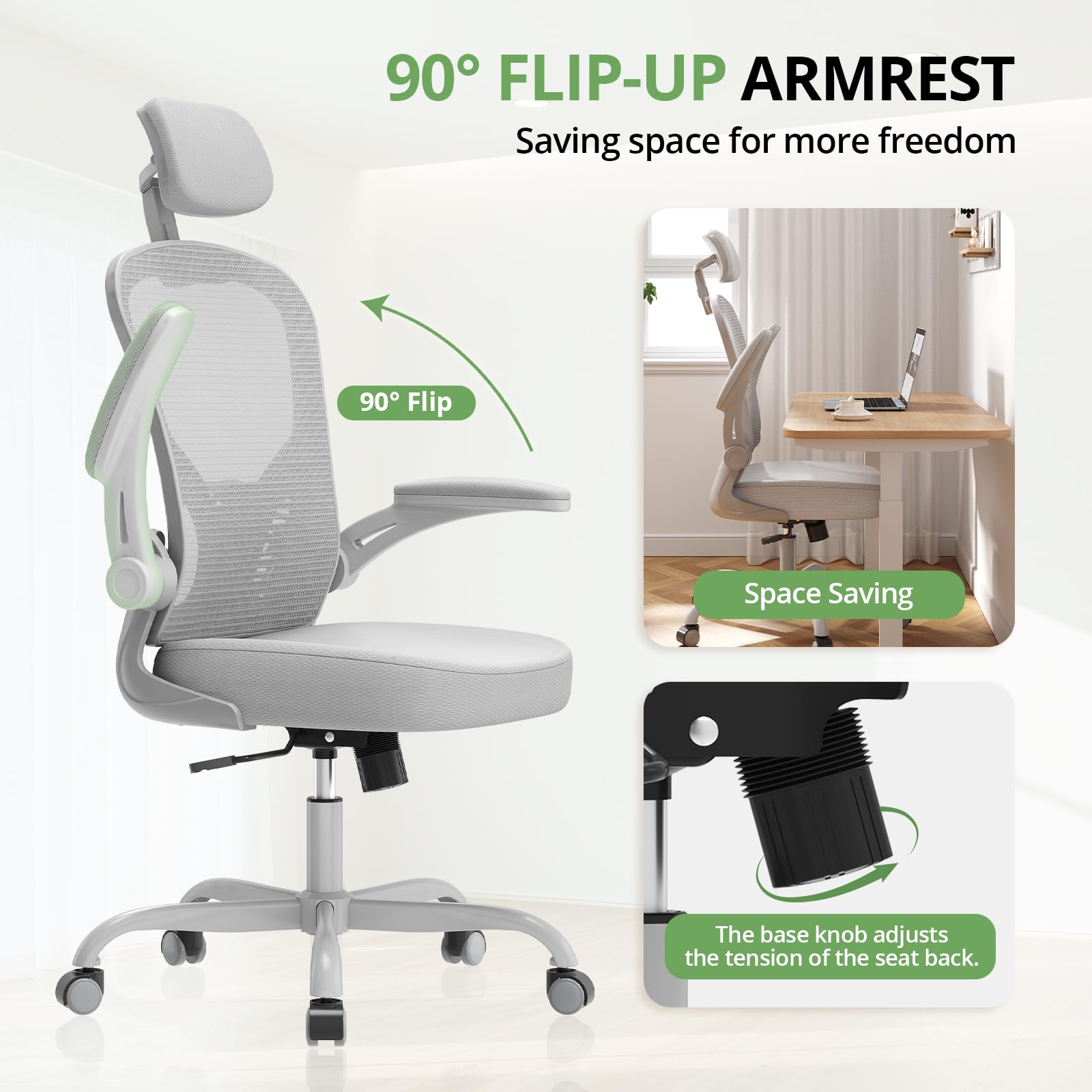 Office Chair Ergonomic Desk Chair, 330LBS Capacity, High Back Computer Design for Long Hours Comfort, Rolling Swivel Executive Task for Home Office with Flip-up Armrests（Grey）