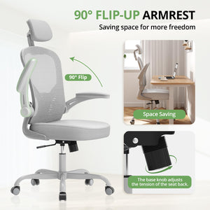Office Chair Ergonomic Desk Chair, 330LBS Capacity, High Back Computer Design for Long Hours Comfort, Rolling Swivel Executive Task for Home Office with Flip-up Armrests（Grey）