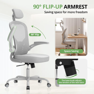 Office Chair Ergonomic Desk Chair, 330LBS Capacity, High Back Computer Design for Long Hours Comfort, Rolling Swivel Executive Task for Home Office with Flip-up Armrests（Grey）