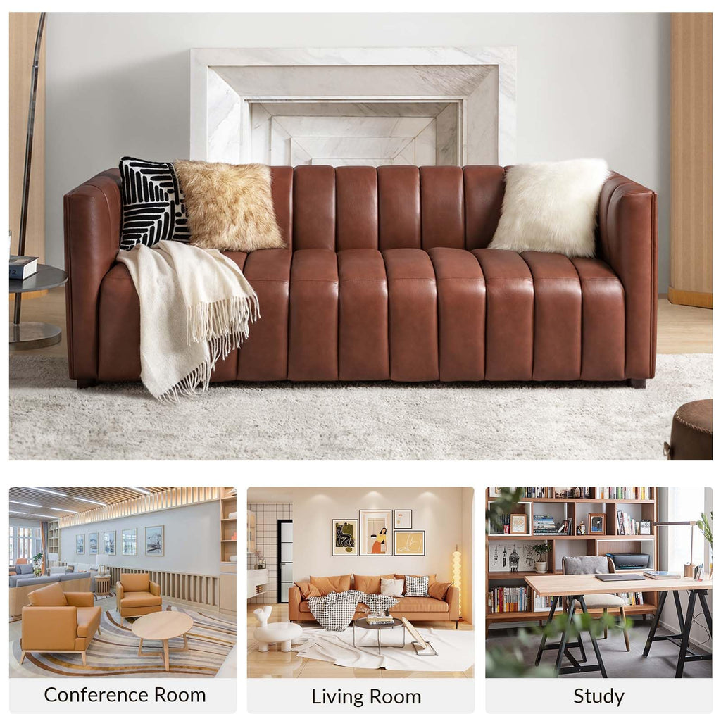 83" Genuine Leather Sofa with Channel Tufted Design, 3-Seater Sofa for Living Room Bedroom, Modern Oversized Couch with Wood Legs, Brown