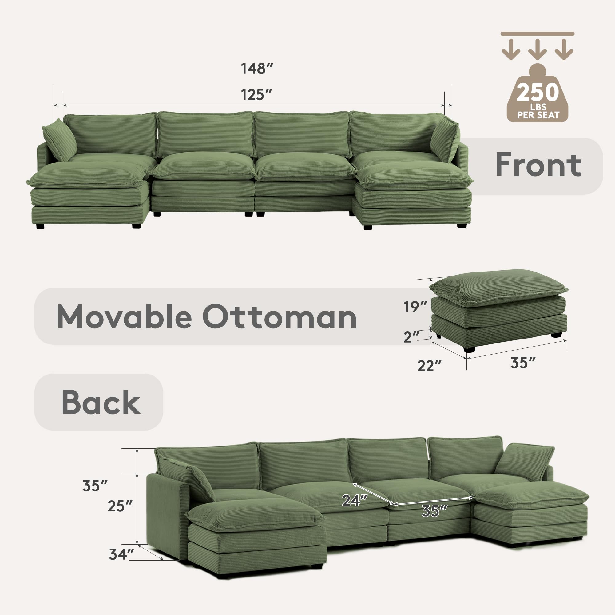 148'' Sectional Cloud Couch with 2 Ottomans, Oversized 4 Seat Sleeper Sofa with 2 Throw Pillows, Convertible Upholstered U Shaped Cozy Sofa Furniture Set for Living Room and Office, Green