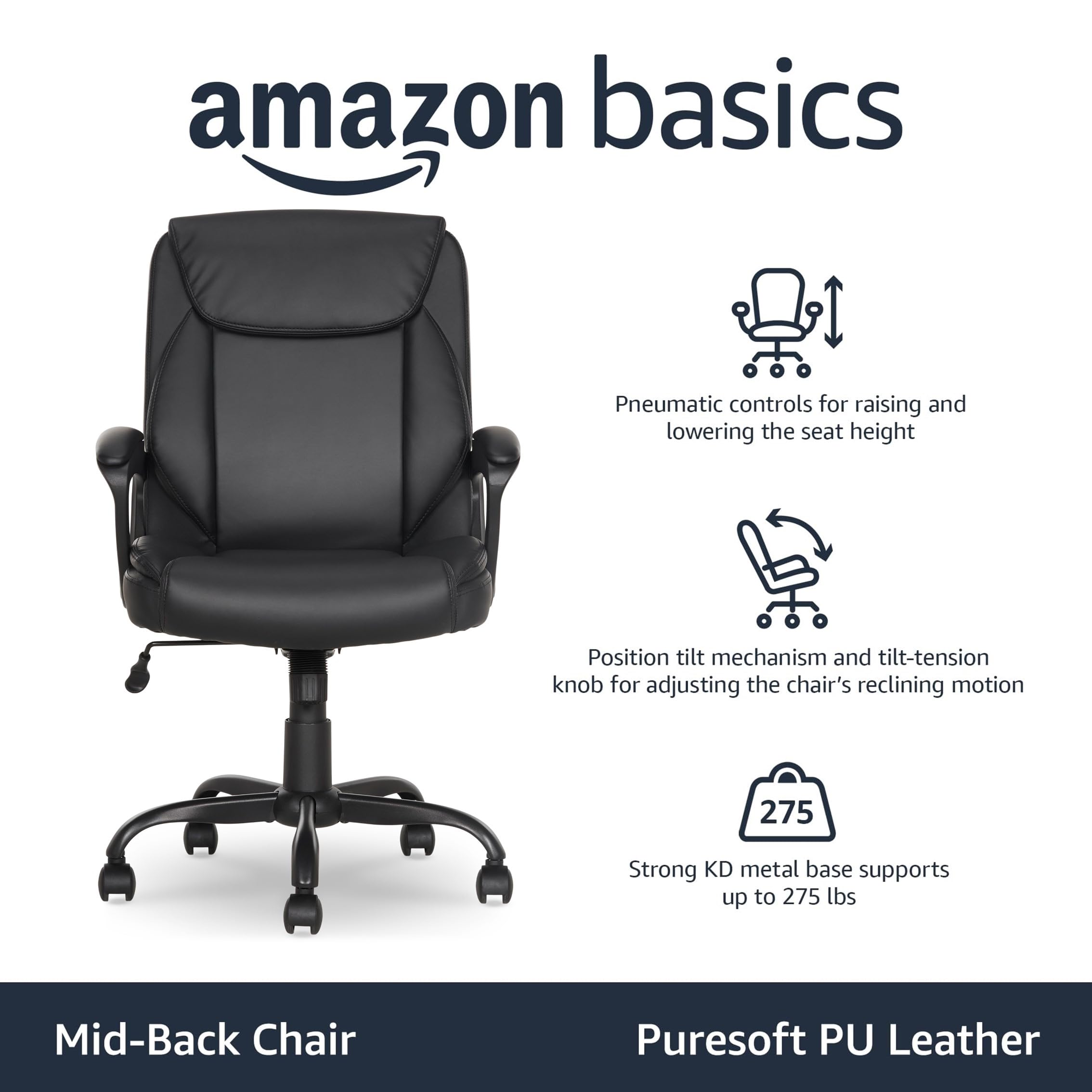 Classic Puresoft PU Padded Mid-Back Office Desk Chair with Armrest, Easy Assembly, Sturdy Metal Base, Wheels, 275lb Support, 26