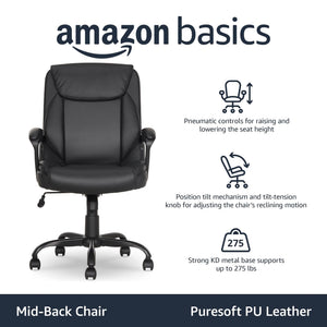 Classic Puresoft PU Padded Mid-Back Office Desk Chair with Armrest, Easy Assembly, Sturdy Metal Base, Wheels, 275lb Support, 26