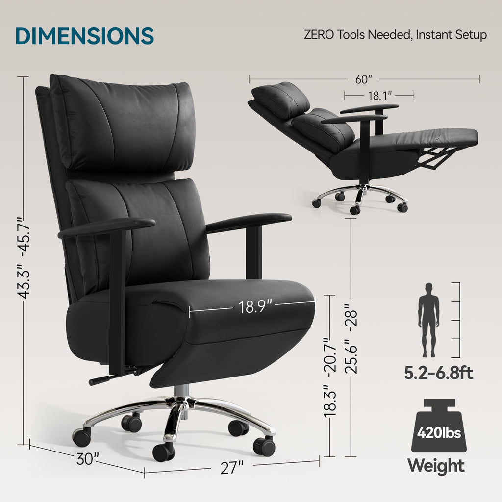 Reclining Office Chair | 170° Ergonomic Leather Chair with Adjustable Headrest, Footrest & 420lb Capacity
