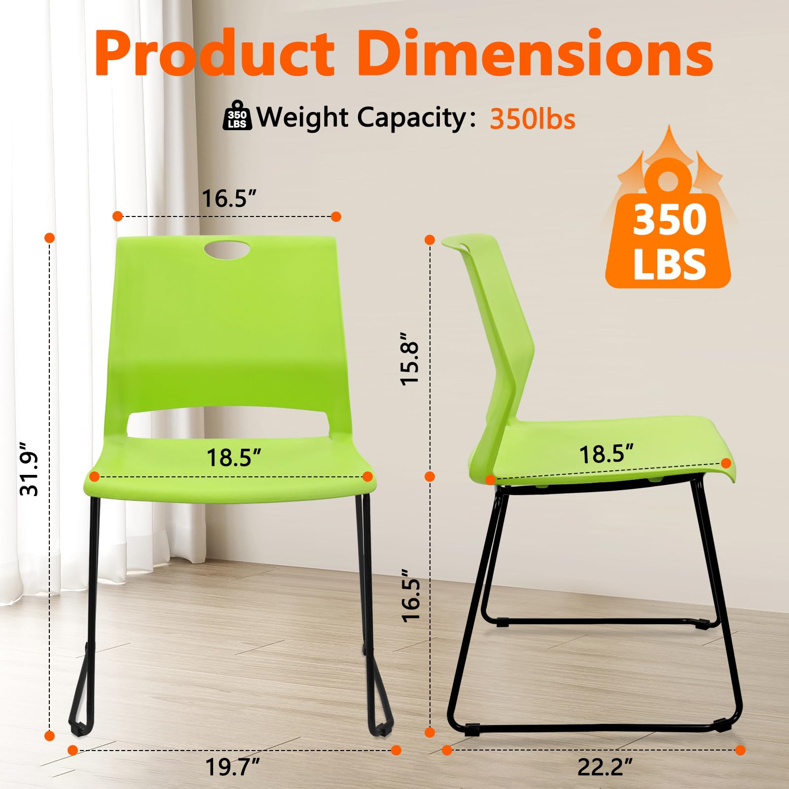 Set of 12, Green, Stackable Guest Reception Chairs, Stacking Office Chair with Ergonomic Lumbar Support & Metal Legs, Plastic Desk Chairs for Conference School Church Waiting Meeting Break Room