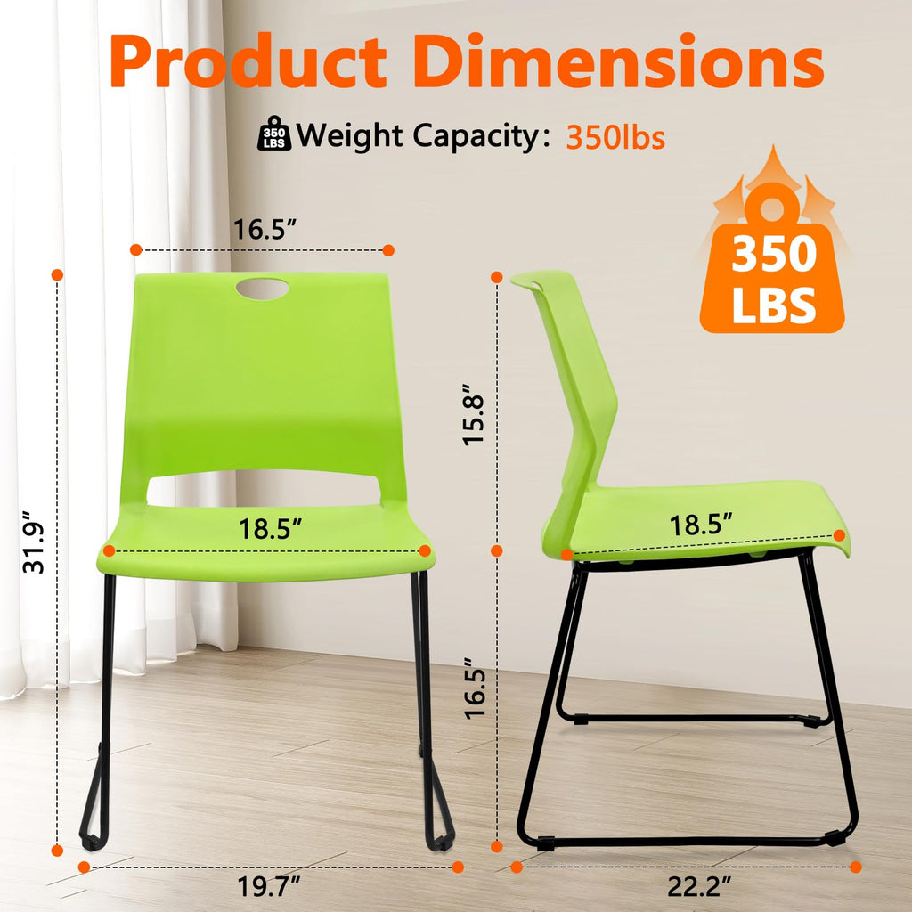 Set of 8, Green, Stackable Guest Reception Chairs, Stacking Office Chair with Ergonomic Lumbar Support & Metal Legs, Plastic Desk Chairs for Conference School Church Waiting Meeting Break Room