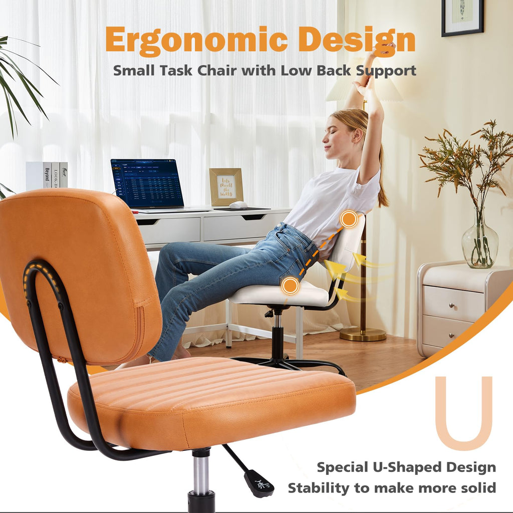 Small Office Desk Chair - Armless PU Leather with Comfy Lumbar Support, Height Adjustable Rolling Swivel Task for No Arms, for Adult, Student, Bedroom, Home, Vanity, Brown