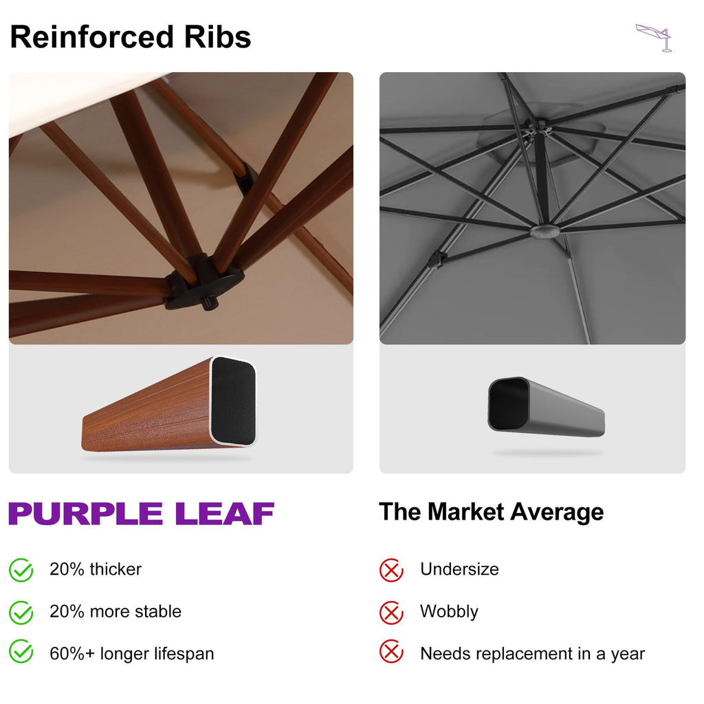 PURPLE LEAF 12' X 12' Patio Large Cantilever Umbrella Outdoor Square Wood Umbrellas Offset Umbrella Heavy Duty Sun Umbrellas for Garden Deck Pool, Deep Beige