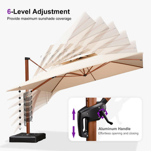 10' X 13' Double Top Deluxe Wood Pattern Rectangle Patio Umbrella Offset Hanging Umbrella Outdoor Market Umbrella Garden Umbrella, Beige