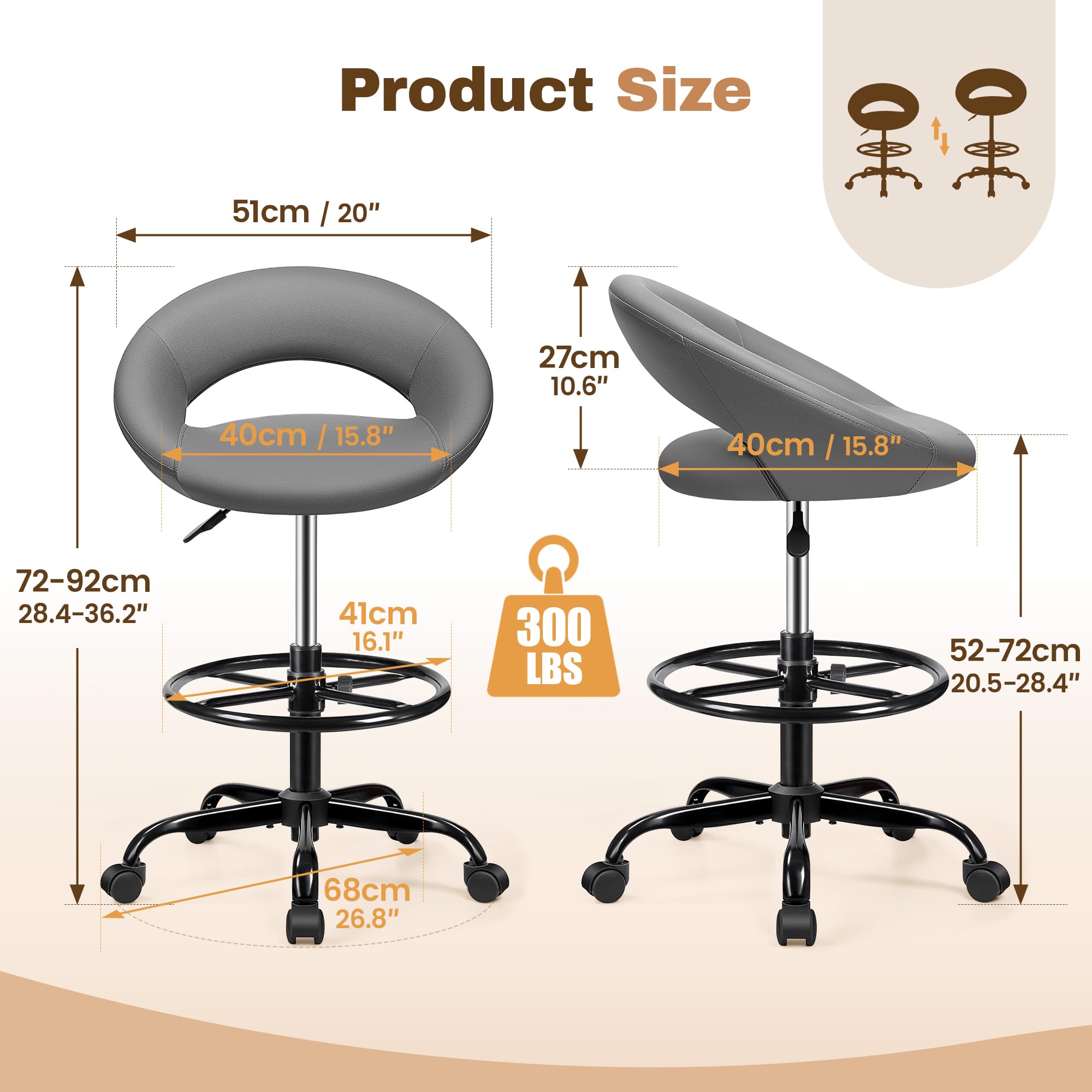 Gray 4 Pack, Drafting Chair with Back, Height Adjustable Rolling Stool with Foot Rest, Tall 360° Swivel Stool PU Leather Chair with Wheels for Home Office, Standing Desk