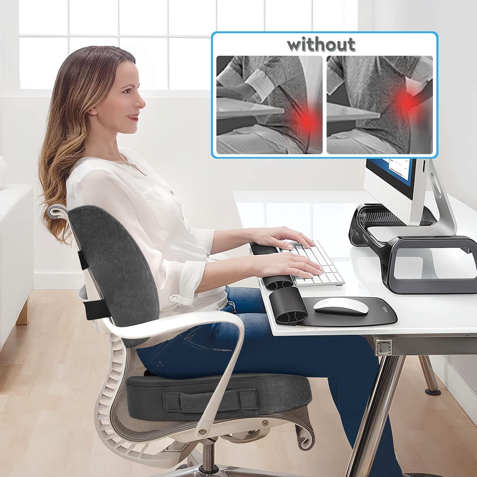 Lumbar Support Pillow & Seat Cushion Set for Office Chair, Desk Chair, Wheelchair & Car–Memory Foam Back Support, Ergonomic Chair Cushions,Sciatica Pain Relief,Home Essentials(Grey,XL)