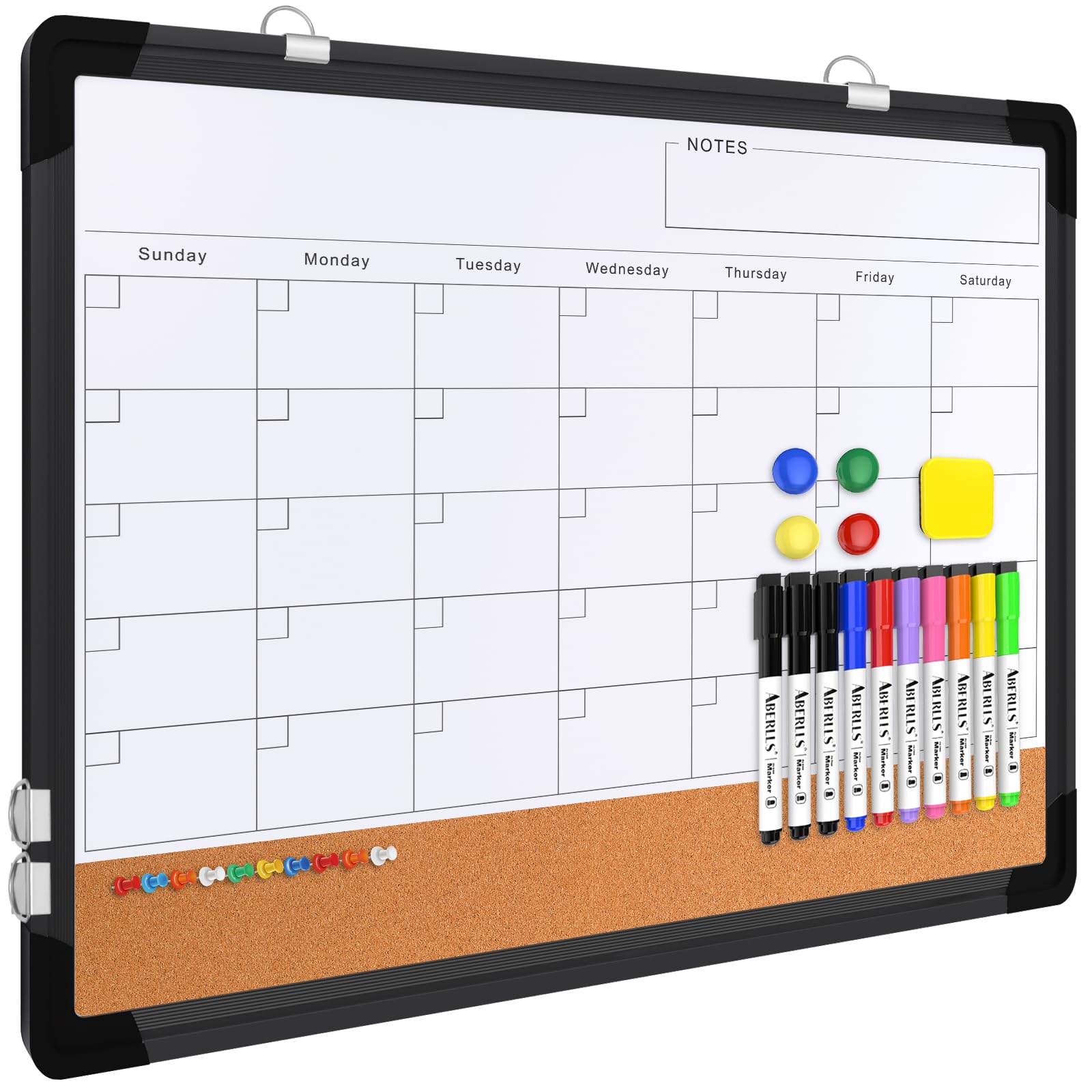 Monthly Calendar Whiteboard for Wall, 24x18 Inches Dry Erase Board with Cork Board Combo, Magnetic White Board, Double-Sided Hanging Portable Board for Office School Home Kitchen Planner, Black