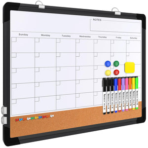 Monthly Calendar Whiteboard for Wall, 24x18 Inches Dry Erase Board with Cork Board Combo, Magnetic White Board, Double-Sided Hanging Portable Board for Office School Home Kitchen Planner, Black