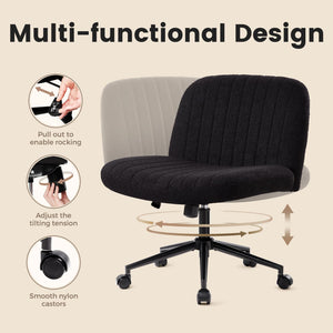 Criss Cross Chair Cross Legged Office Chair with Wheels Armless Wide Seat Desk Chairs Height Adjustable Computer Task Chairs Swivel Vanity Chair for Home Office Bedroom Make Up Teddy Fabric Black
