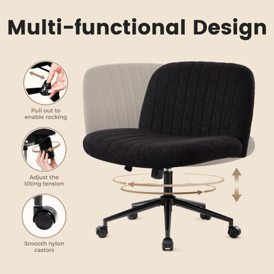Criss Cross Chair Cross Legged Office Chair with Wheels Armless Wide Seat Desk Chairs Height Adjustable Computer Task Chairs Swivel Vanity Chair for Home Office Bedroom Make Up Teddy Fabric Black