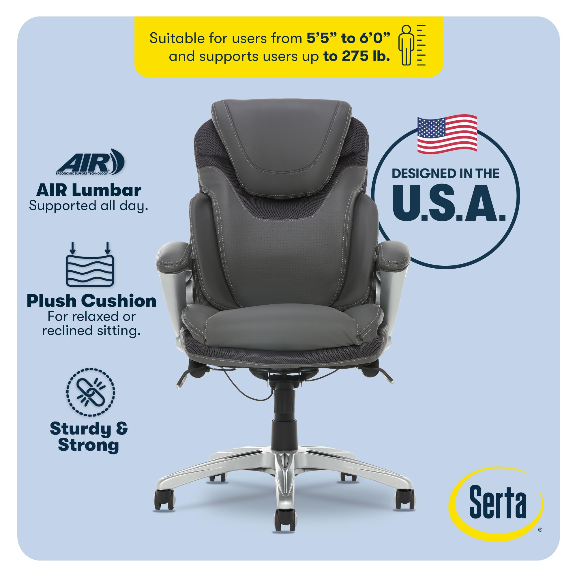 Executive Office Chair - Ergonomic Computer Desk Chair with Patented AIR Lumbar Technology - Adjustable Height - Memory Foam Body Pillows - 360° Swivel Rolling Base - Bonded Leather - Gray