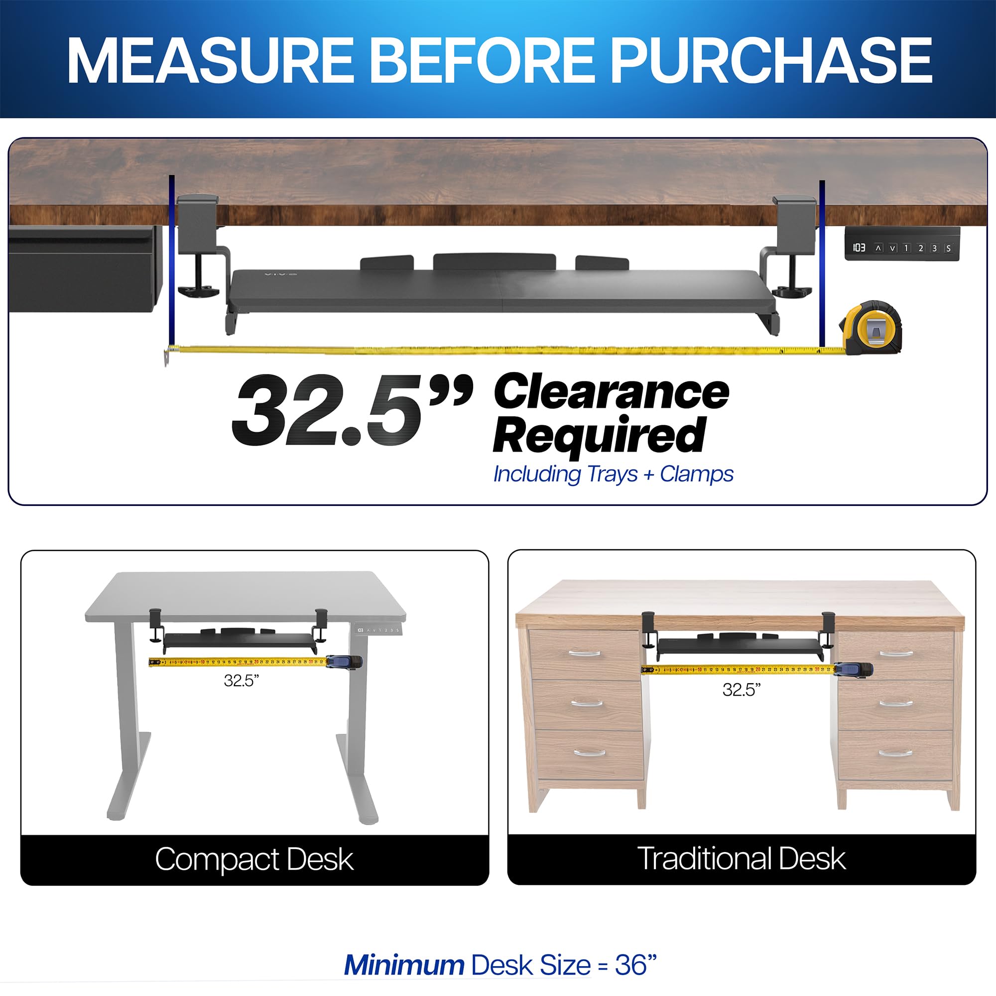 Large Clamp-on Computer Keyboard and Mouse Under Desk Slider Tray, 27 x 11 inch Pull Out Platform Drawer, Bamboo, MOUNT-KB05O