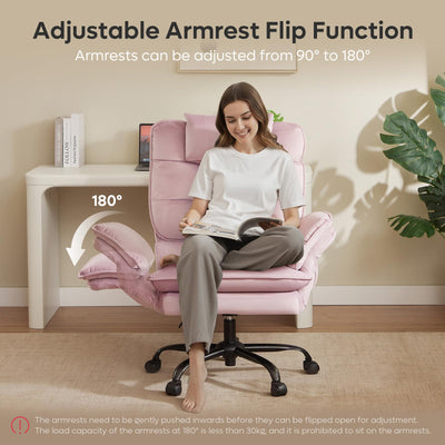 Criss Cross Chair with Flip-Up Armrests and Headrest, 135° Reclining Swivel Executive Chair with Side Pockets, Big and Tall Computer Desk Chair for Home Office Bedroom, Pink Velvet