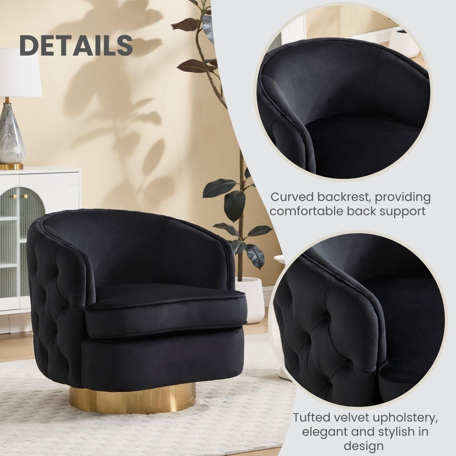 360 Degree Swivel Barrel Accent Chair, Modern Tufted Velvet Upholstered Round Arm Chair with Tall Backrest, Side Reading Seat Single Sofa for Living Room, Black