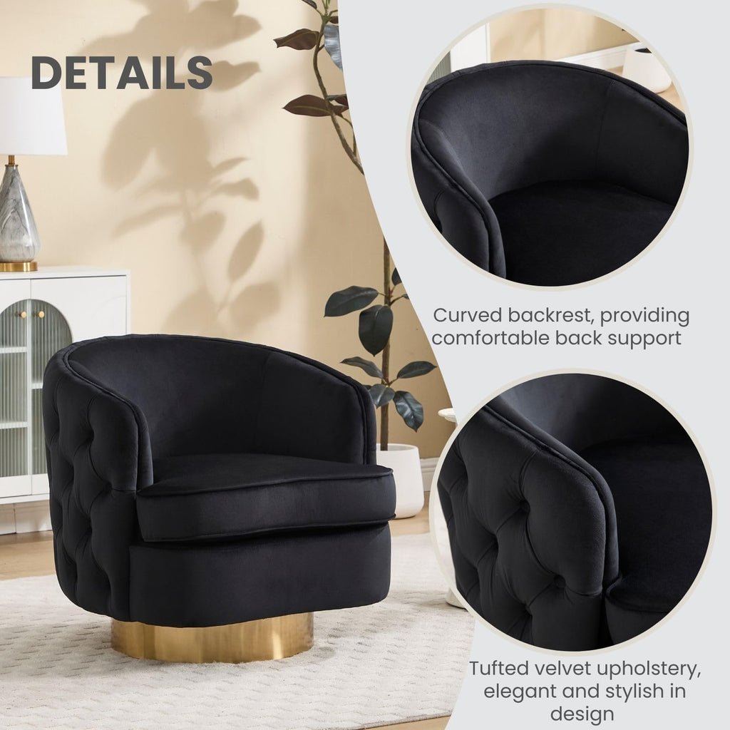 Black Swivel Barrel Accent Chair Set of 2, Modern Tufted Velvet Upholstered Round Arm Chair with Tall Backrest, Side Reading Seat for Living Room,Bedroom