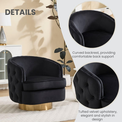 Black Swivel Barrel Accent Chair Set of 2, Modern Tufted Velvet Upholstered Round Arm Chair with Tall Backrest, Side Reading Seat for Living Room,Bedroom