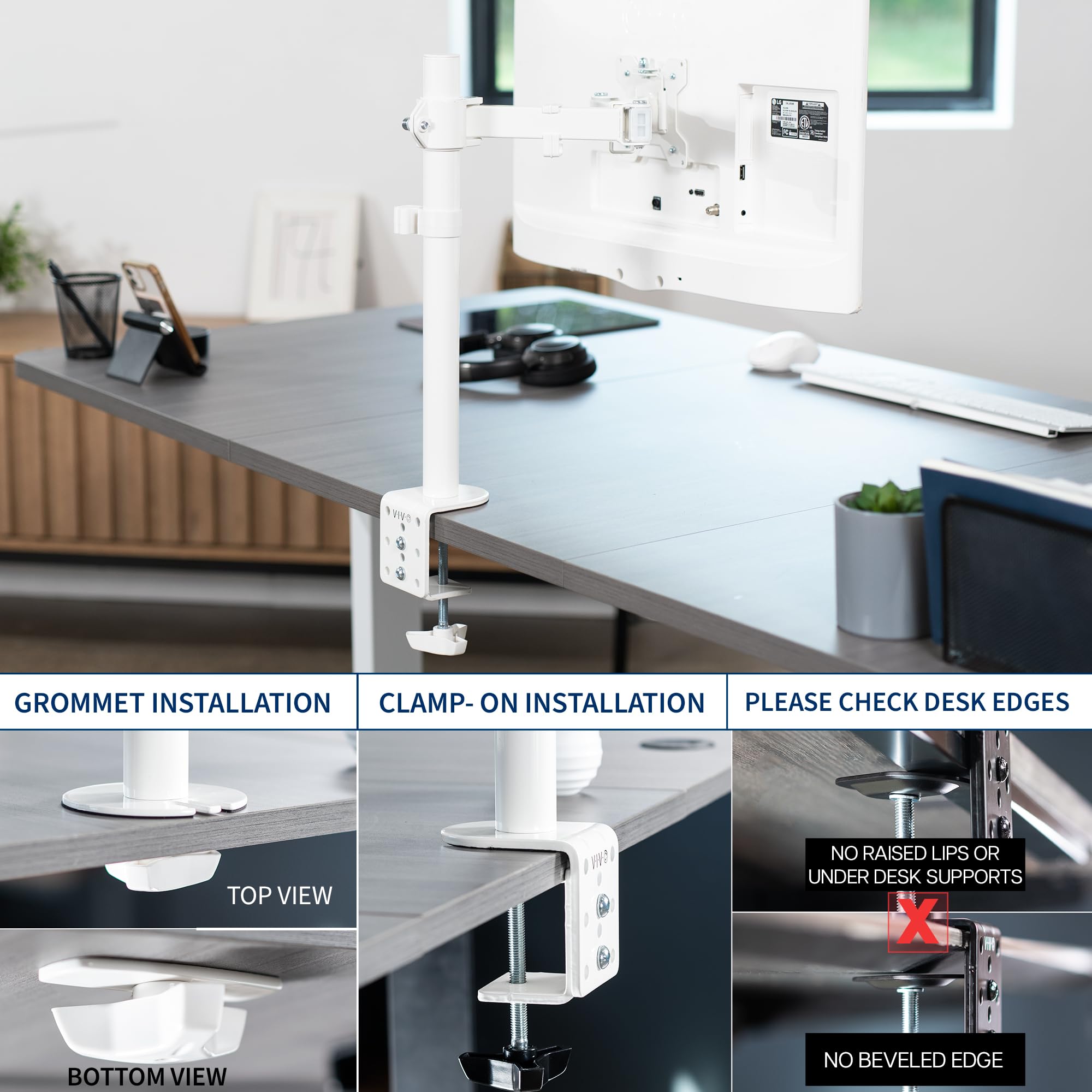 Single Monitor Arm Desk Mount, Holds Screens up to 32 inch Regular and 38 inch Ultrawide, Fully Adjustable Stand with C-Clamp and Grommet Base, VESA 75x75mm or 100x100mm, White, STAND-V001W