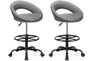 Gray 2 Pack, Drafting Chair with Back, Height Adjustable Rolling Stool with Foot Rest, Tall 360° Swivel Stool PU Leather Chair with Wheels for Home Office, Standing Desk