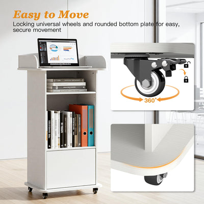Podium Stand with Metal Wheels Wooden Lectern Podium Stand Portable Pulpit Standing with Storage Mobile Reception Podiums Desk for Church Office School Conference Restaurant Meeting, White