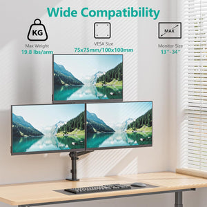 Triple Monitor Mount for 13-34 inch Screens, Full Adjustable 3 Monitors Desk Mount with Clamp & Grommet Base, Triple Monitors Arm, up to 19.8lbs Each, VESA 75x75 100x100 mm (GSDM003XL), Black