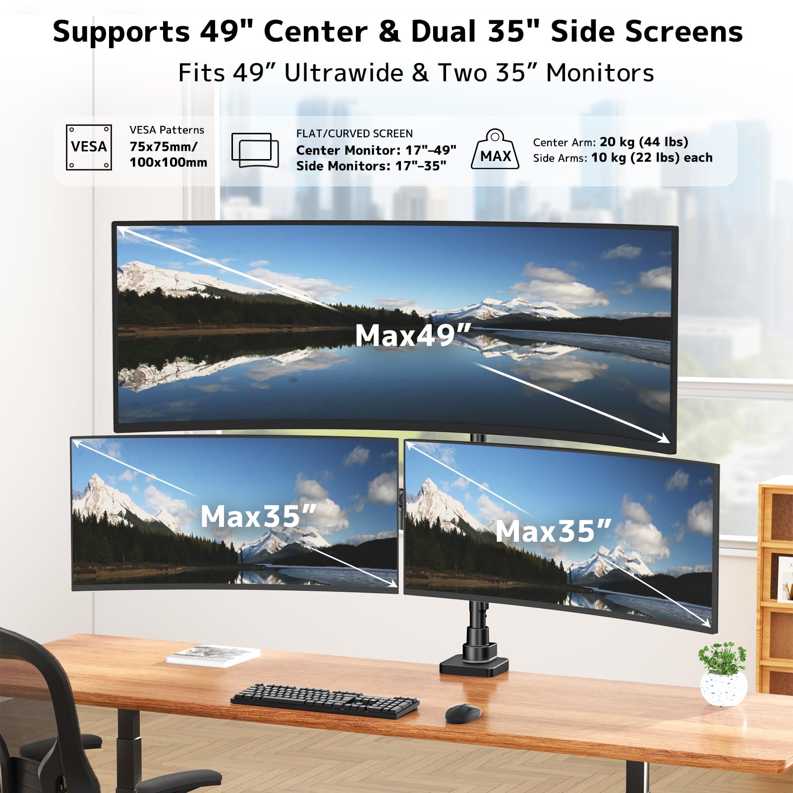 Triple Monitor Mount up to 49 inches, Fully Adjustable Heavy Duty 3 Monitor Arm with Gas Spring, Desk Mount for 3 Screens, C-Clamp & Grommet Base, Holds 44 lbs, Black