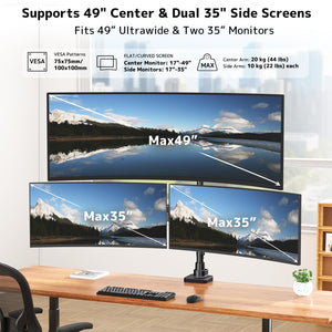 Triple Monitor Mount up to 49 inches, Fully Adjustable Heavy Duty 3 Monitor Arm with Gas Spring, Desk Mount for 3 Screens, C-Clamp & Grommet Base, Holds 44 lbs, Black