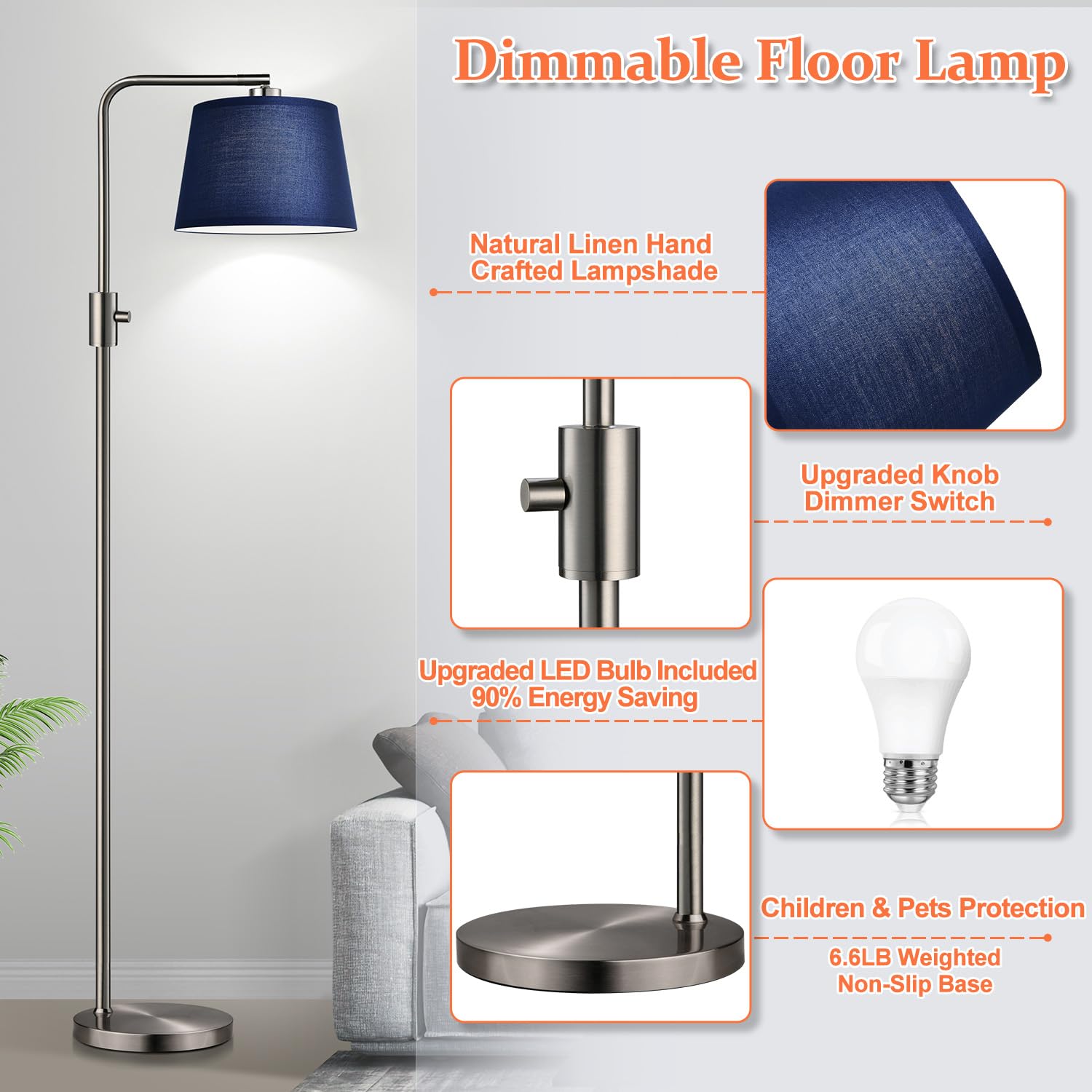 Dimmable Floor Lamp, 1000 Lumens LED Edison Bulb Included, Brushed Nickel Arc Standing Tall Floor Lamp with Blue Shade for Living Room Bedroom Office Dining Room