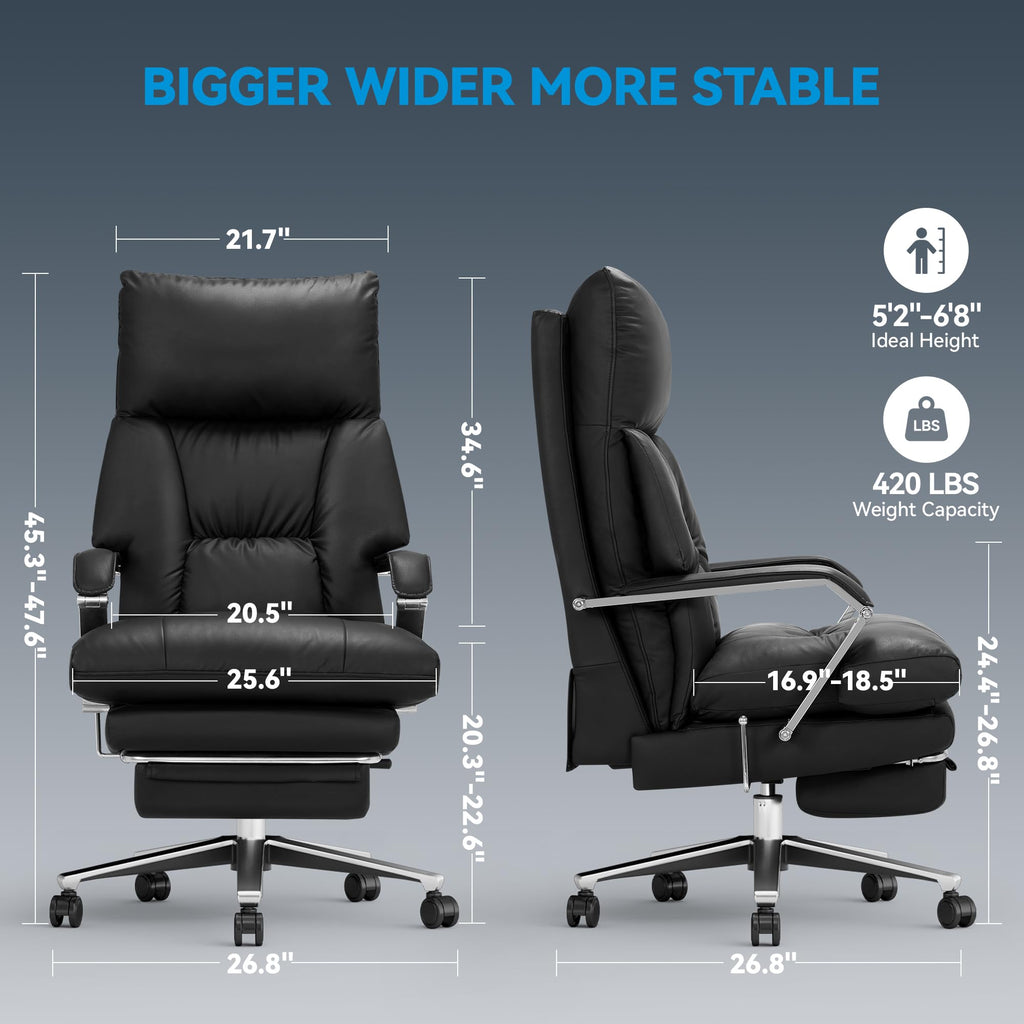 160° Reclining Office Chair with Footrest, 10" Thick Cloud Cushion Executive Desk Chair, Extra Wide Cross-Legged Ergonomic Chair for Big and Tall, Adjustable Seat Depth, Easy Assembly, Black