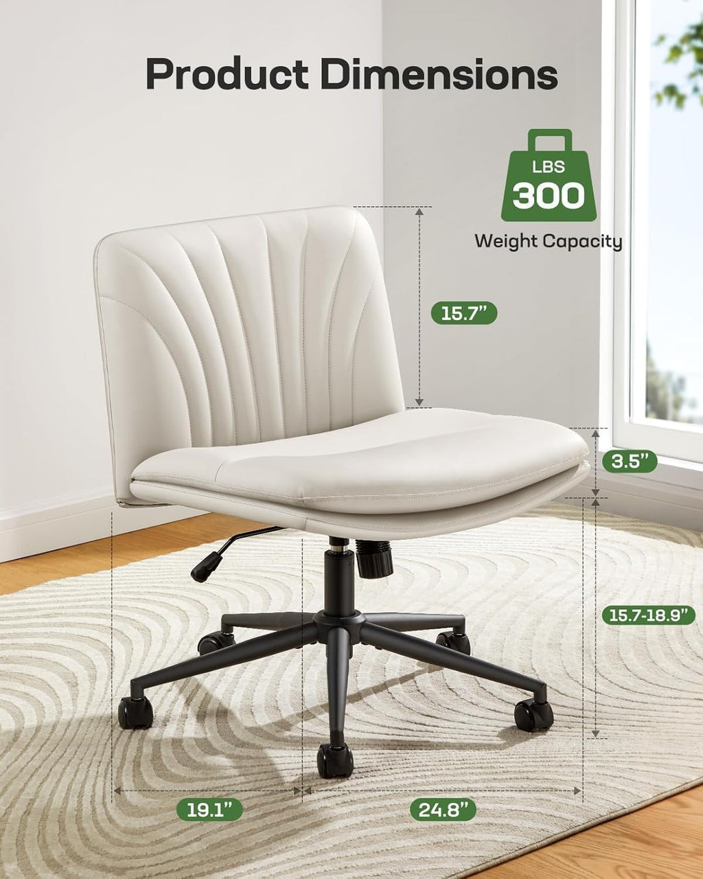 Criss Cross Office Chair with Wheels, Armless Wide Desk Chair for Active Sitting, PU Leather Cross Legged Chair for Home Office, Pet-Friendly & Easy Clean, Beige