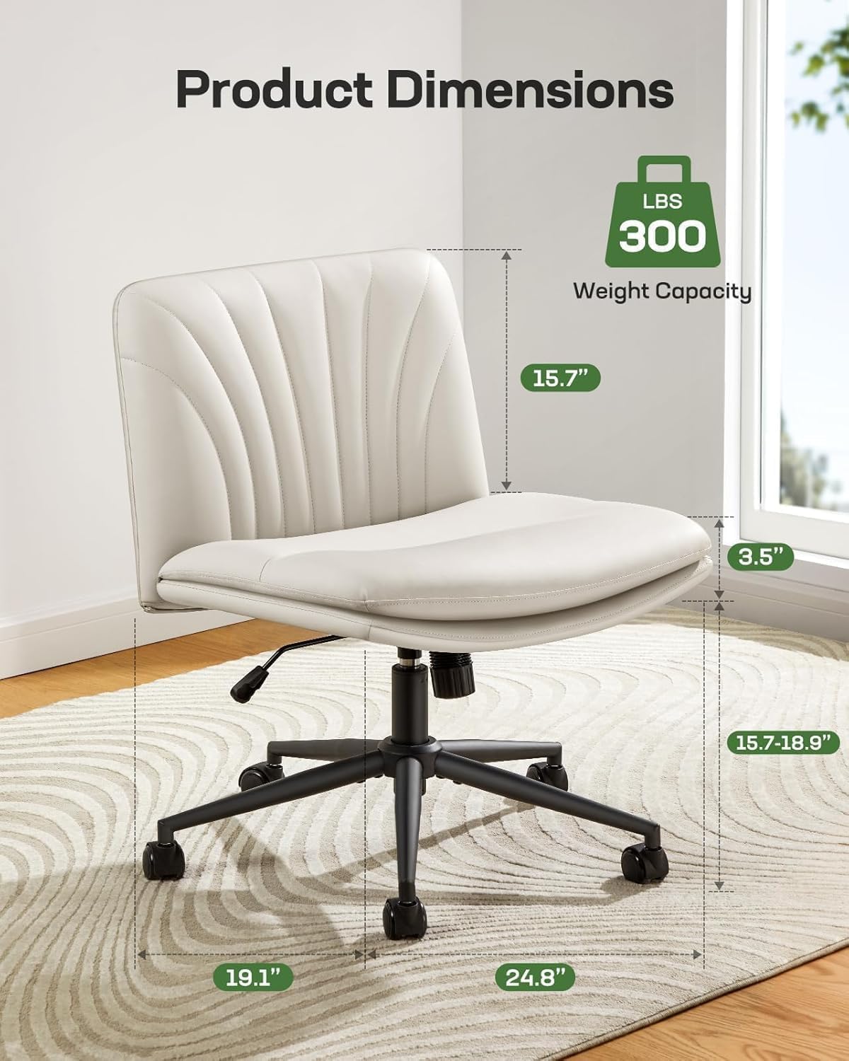 Criss Cross Office Chair with Wheels, Armless Wide Desk Chair for Active Sitting, PU Leather Cross Legged Chair for Home Office, Pet-Friendly & Easy Clean, Beige