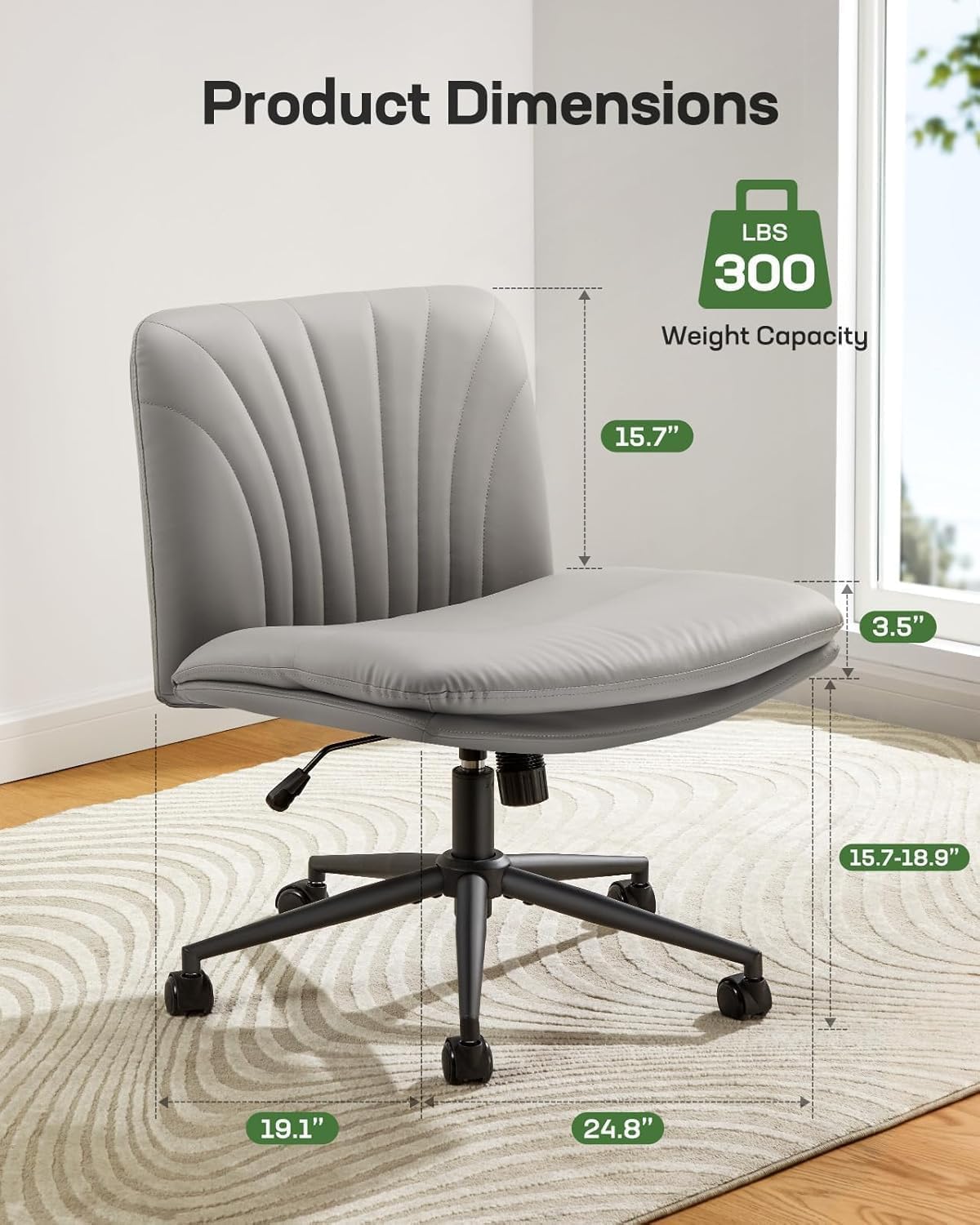 Criss Cross Office Chair with Wheels, Armless Wide Desk Chair for Active Sitting, PU Leather Cross Legged Chair for Home Office, Pet-Friendly & Easy Clean, Grey