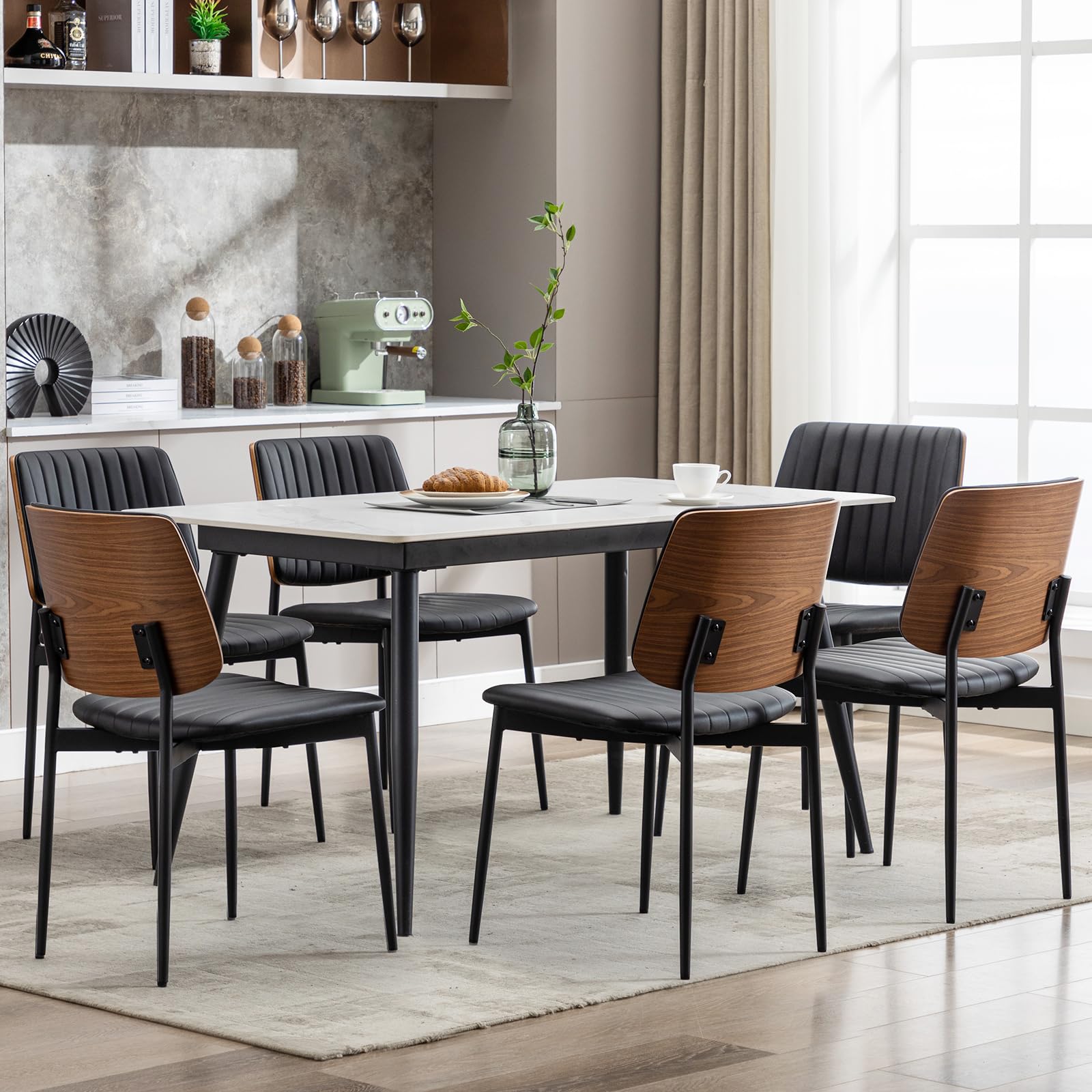 Black Dining Chairs Set of 6,Leather Mid Century Modern Dining Chairs with Bentwood Back and Upholster Seat,Armless Kitchen Chairs with Metal Legs Adjustable Foot for Dining Room(Walnut Black)